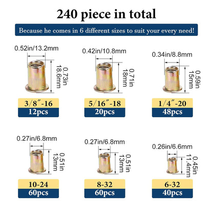 Vifmy Metric & SAE Rivet Nut Assortment Kit(420 Pcs),m3 m4 m5 m6 m8 m10 m12#6-32#8-32#10-24 1/4"-20 5/16"-18 3/8"-16 UNC Flat Head Rivnut Set,Zinc Plated Finish Carbon Steel Nutsert - PuriLite