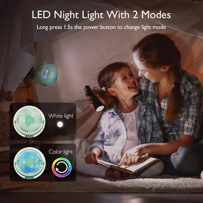 Momcozy Portable Stroller Fan, 27H Ultra-long Battery Life, Detachable 4 Speed 360°Rotate, LED Night Light with 2 Modes, USB Rechargeable and Handheld Cooling Fan for Travel, Car Seat - PuriLite