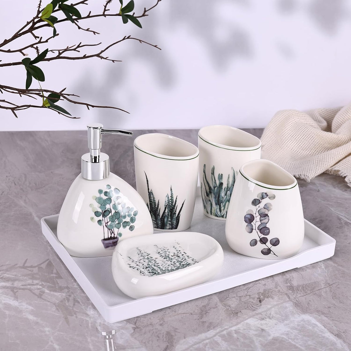 White Bathroom Accessories Set,Modern Countertop Bathroom Decor,Luxury 6 Piece Bathroom Accessory Set,Complete with Soap Dispenser,Toothbrush Holder,Tumbler,Tray - PuriLite