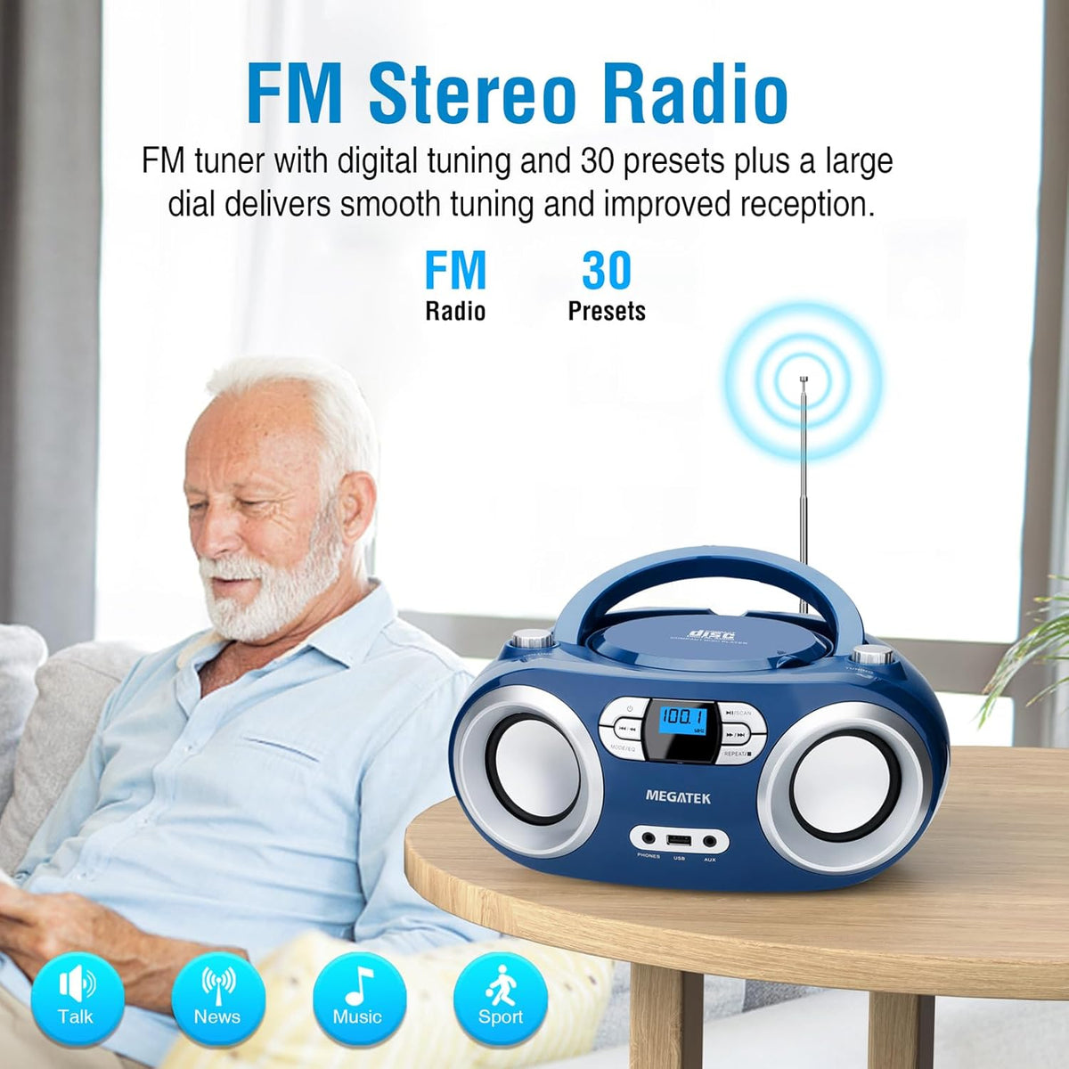 MEGATEK Portable CD Player Boombox with FM Radio, Bluetooth, USB Port, AUX Input, and Headphone Jack – CD-R/CD-RW/MP3-CD Compatible, Clear Stereo Sound, Backlit LCD Display – Black - PuriLite