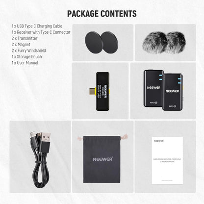NEEWER CM28 Wireless Lavalier Microphone System with Charging Case, 1 Click Noise Canceling, 4GB Storage for 9Hrs of 48KHz 16 Bit Uncompressed Audio Lapel Mic Compatible with iPhone/Android/PC/Camera - PuriLite