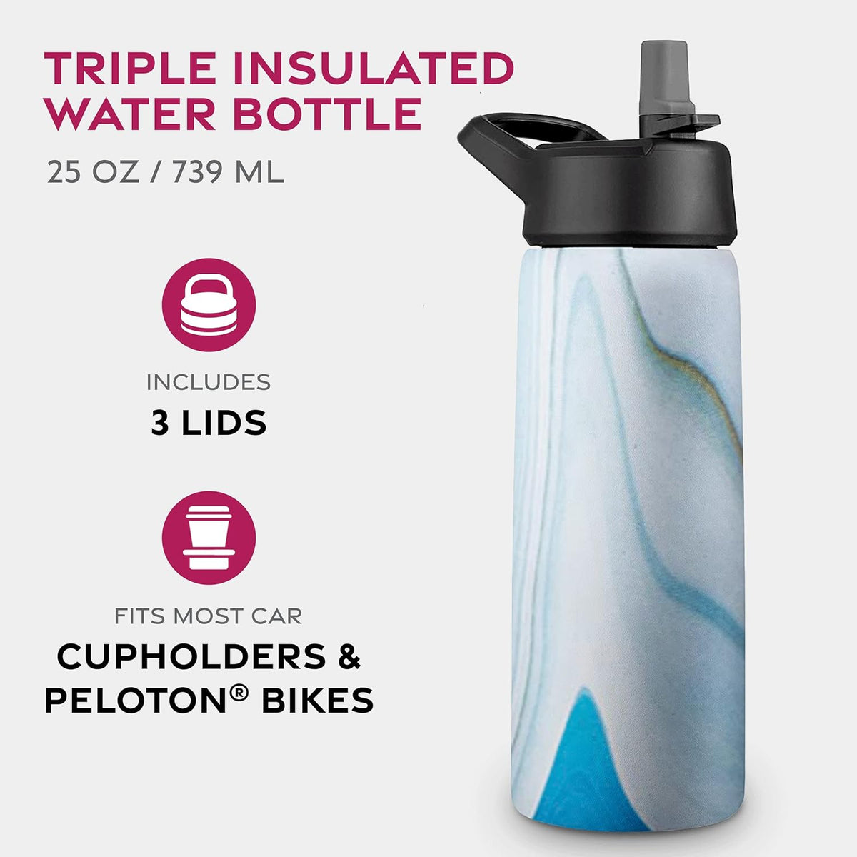 FineDine Water Bottle - Stainless Steel Insulated Water Bottle with Straw Lid, Flip Lid & Wide-Mouth Cap - Keeps Hot and Cold - 25 Oz / 739ml - Pure Pearly White - PuriLite