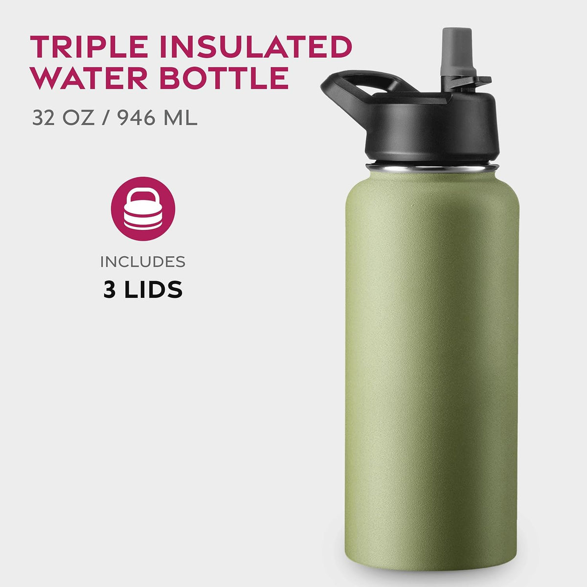 FineDine Water Bottle - Stainless Steel Insulated Water Bottle with Straw Lid, Flip Lid & Wide-Mouth Cap - Keeps Hot and Cold - 25 Oz / 739ml - Pure Pearly White - PuriLite