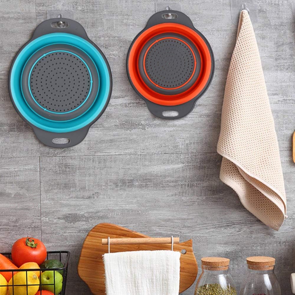 Collapsible Colander, BESUNTEK Strainer Set Round Food Silicone Kitchen for Draining Pasta, Vegetable and Fruit 2 pcs 4 Quart and 1 pcs 2 Quart (Orange + Green + Blue) - PuriLite