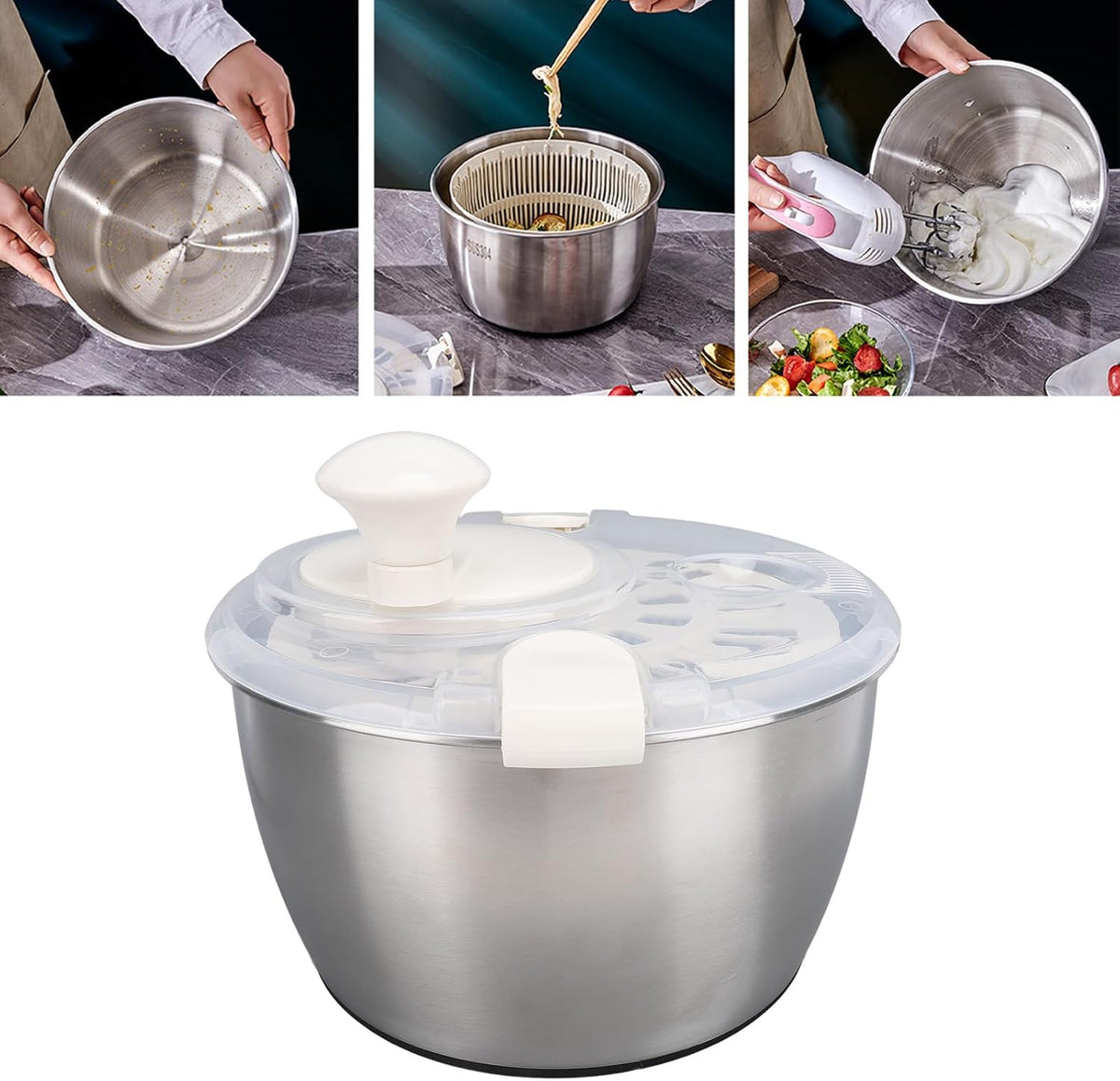 Large Stainless Steel Salad Spinner with Lettuce Spinner, Dryer, Stop Button, and Bowl, Vegetable Drainer with Colander for Quick and Easy Salad Wash, Fruit Washer, 5L Capacity - PuriLite