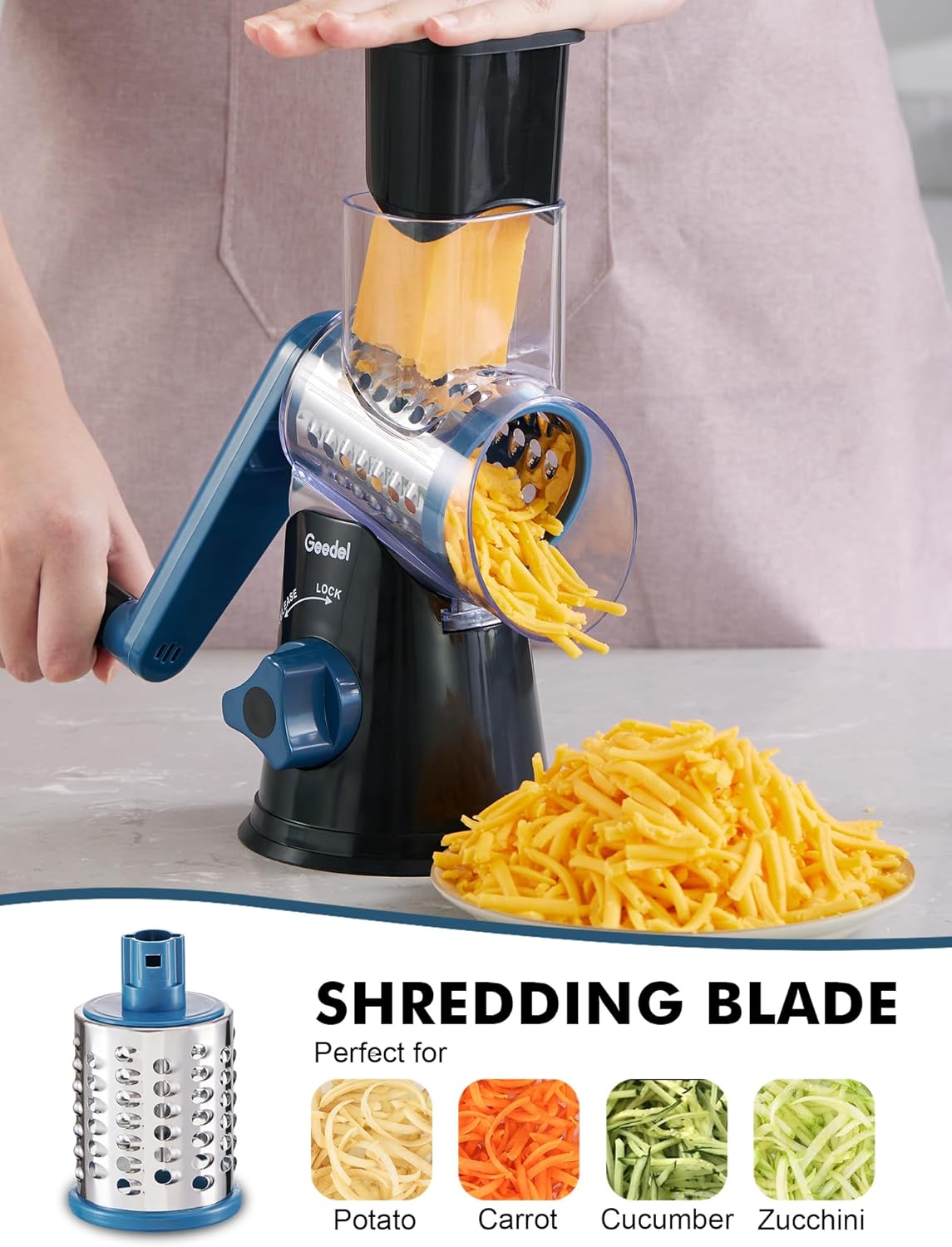Geedel Kitchen Cheese Grater, Rotary Mandoline Vegetable Slicer with Interchangeable Blades, Easy to Use Rotary Grater Slicer for Fruit, Vegetables, Nuts - PuriLite