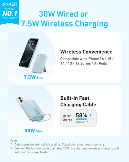 Anker Zolo Magnetic Power Bank, 10,000mAh Wireless Portable Charger with 30W Max Fast Charging, Battery Pack with Built-in USB-C Cable and Adjustable Stand, for iPhone 16/15 Series, AirPods, and More - PuriLite