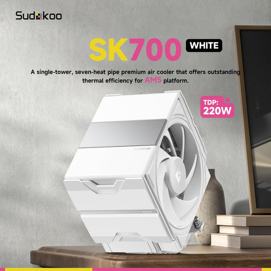 Sudokoo SK700 White AM5 CPU Cooler : 7 Heatpipes CPU Air Cooler for AM5 Exclusive - Single Tower PC Cooling with 120mm FDB PWM Quiet Fan & L-Rail Lock Mount - PuriLite