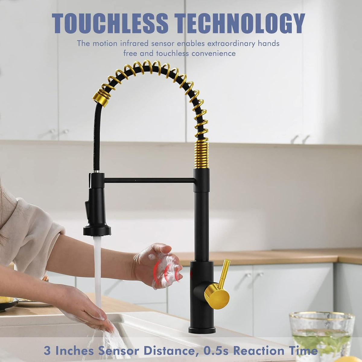 GIMILI Matte Black Kitchen Faucet with LED Light,Single Hole Spring Kitchen Sink Faucet with Pull Down Sprayer - PuriLite