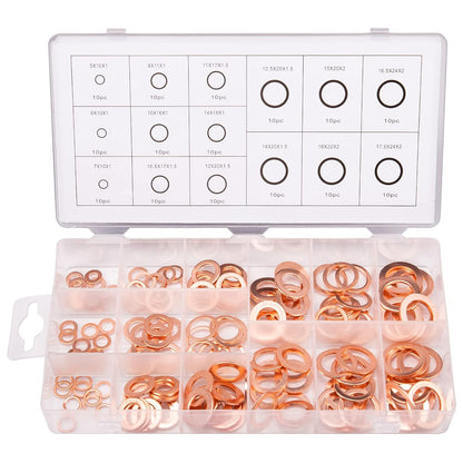 Toolwiz 150PCS 15 Sizes Copper Washers Metric Sealing Assortment Set Flat Ring Sump Plug Crush Washer Oil Drain Plug Gasket Seal Assortment Set M5/6/7/8/10/10.5/11/12/12.5/14/15/16/16.5/17.5 - PuriLite
