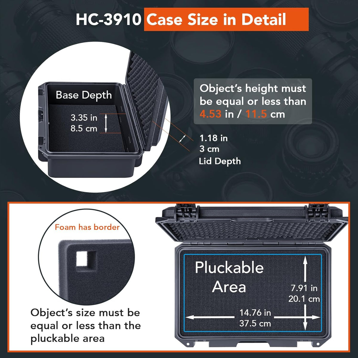 Lykus HC-3810 Waterproof Hard Case with Customizable Foam Insert, Interior Size 38x28x13.5cm, Suitable for Camera, Lens, Drone, mic, Flashlight, Telescope, Action cam, Electronics, Tools, and More - PuriLite