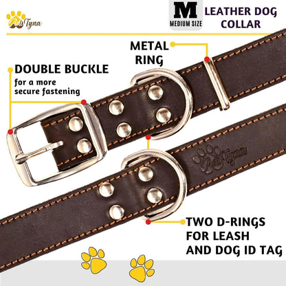 ADITYNA Heavy-Duty Leather Dog Collar for Medium Dogs - Soft and Strong, 100% Genuine Leather - Collier Pour Chien (Medium: Fit 13" - 20" Neck, Brown) - PuriLite