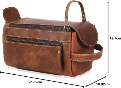 Premium Buffalo Leather Unisex Toiletry Bag Travel Dopp Kit Shaving kit (Distressed Tan) - PuriLite