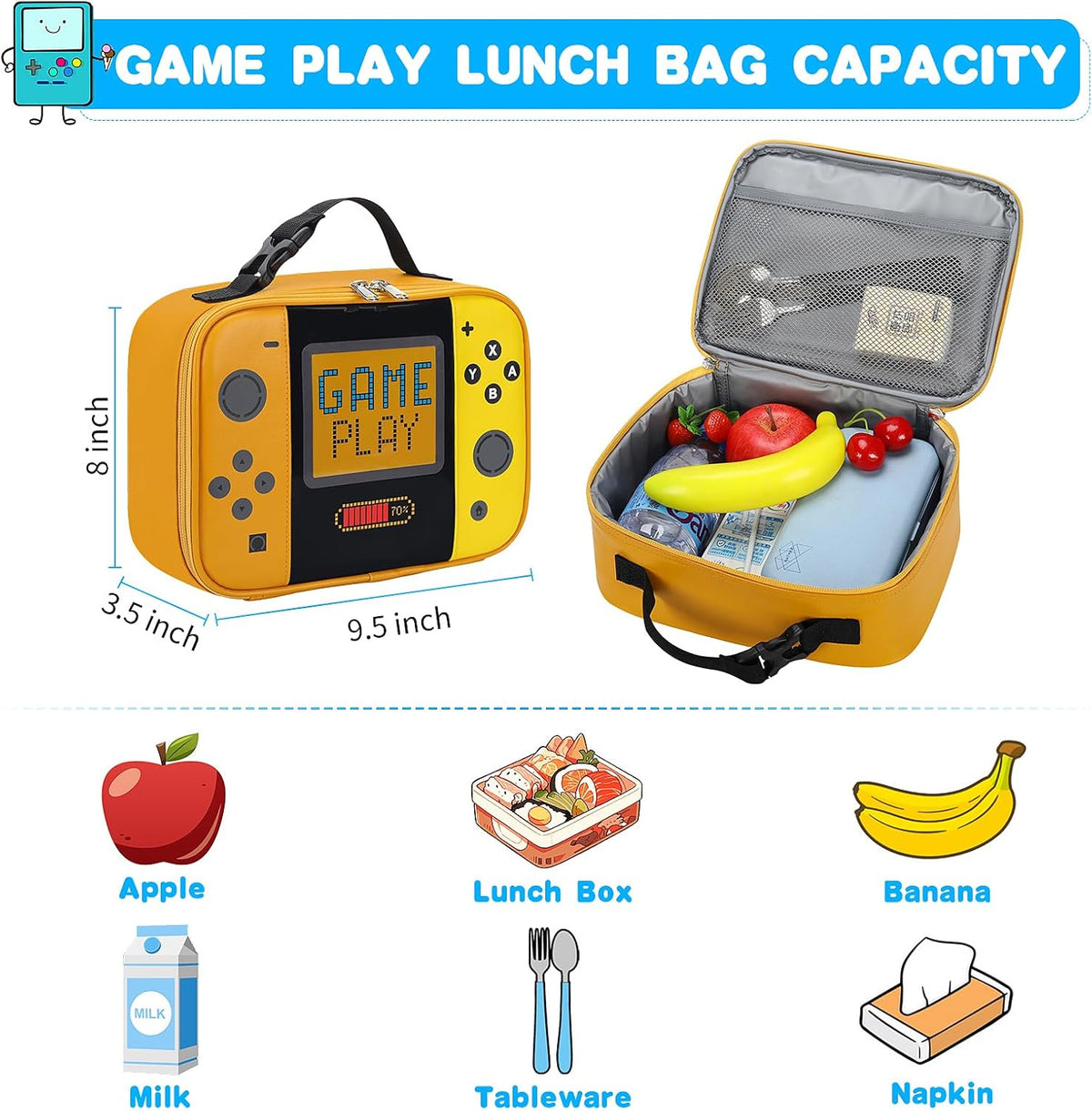 Kids Lunch Bag Insulated Back to School Reusable Tote Lunch Box for Girls Boys-Game Play - PuriLite