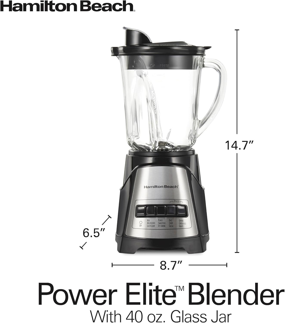 Hamilton Beach Power Elit Blender with 40 oz. Glass Jar, Black, 58148A - PuriLite