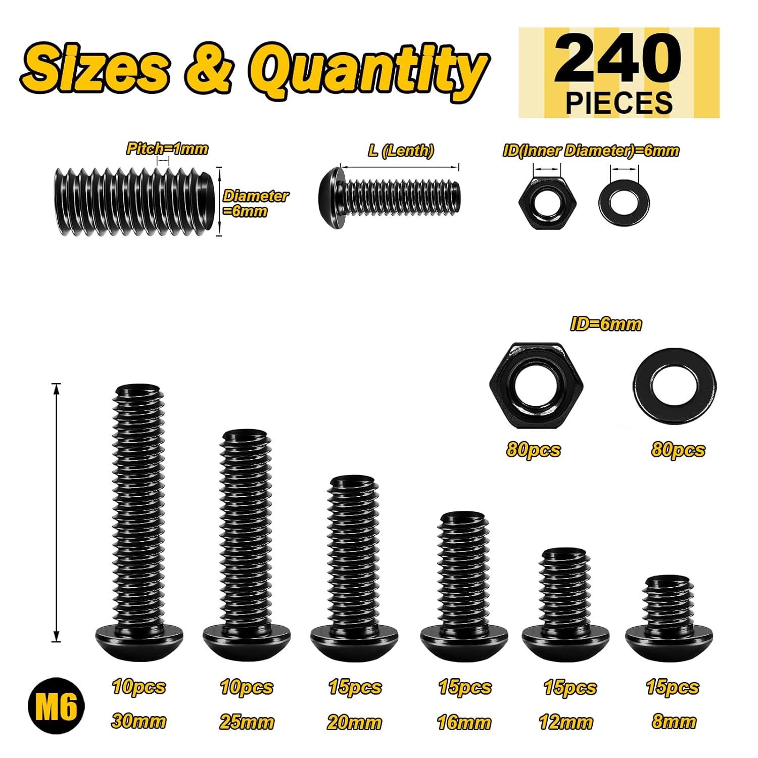 Mywish 900Pcs Metric Screw Assortment, M3 M4 M5 M6 Screw Assortment Kit 304 Stainless Steel Hex Socket Button Head Socket Cap Metric Screws Bolts & Flat Washers/Nuts/Hex Wrenches 16 Sizes 8MM to 20MM - PuriLite