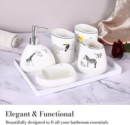 White Bathroom Accessories Set,Modern Countertop Bathroom Decor,Luxury 6 Piece Bathroom Accessory Set,Complete with Soap Dispenser,Toothbrush Holder,Tumbler,Tray - PuriLite