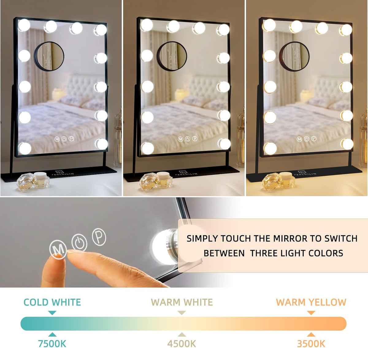 FENCHILIN Lighted Makeup Mirror Hollywood Mirror Vanity Makeup Mirror with Light Smart Touch Control 3Colors Dimmable Light Detachable 10X Magnification 360°Rotation(White) - PuriLite