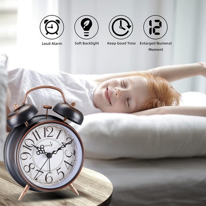 FLOITTUY Loud Alarm for Deep Sleepers 4'' Retro Twin Bell Alarm Clock with Backlight for Bedroom and Home Decoration(Retro White) - PuriLite