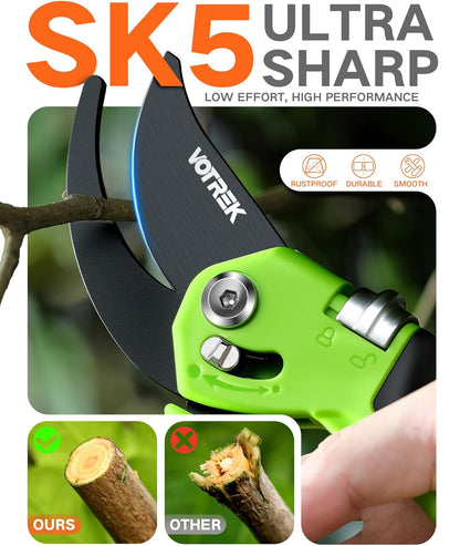 VOTREK Pruning Shears - 8.5" Heavy Duty Bypass Pruners for Gardening with Built-in Spring & SK5 Steel Blades - Ergonomic Adjustable Handle for All Hand Sizes, Garden Clipper Plant Scissors for Branch - PuriLite