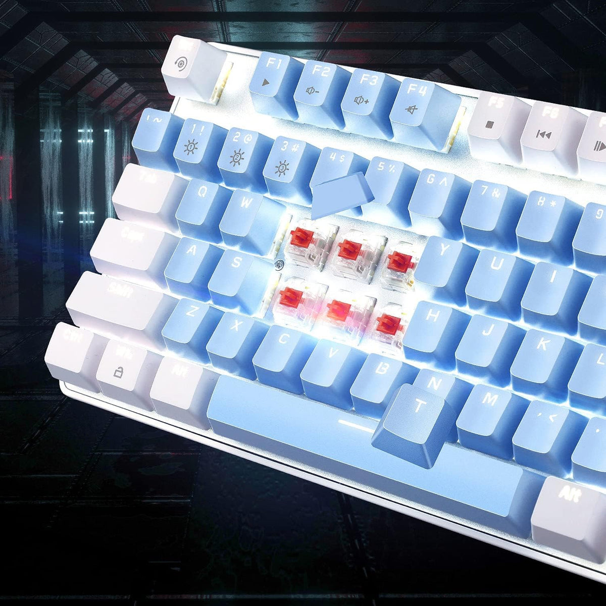 Mechanical Gaming Keyboard, 104 Keys White Backlit Mechanical Keyboards with Red Switches & Double-Shot Keycaps, MageGee Wired Ergonomic Computer Keyboard for Desktop, PC Gamers (White & Blue) - PuriLite