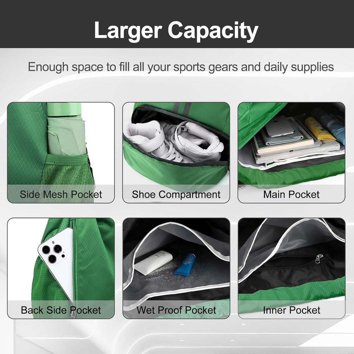 Hoedia Sports Drawstring Backpack - String Swim Gym Bag with Shoes Compartment and Wet Proof Pocket for Women/Men - PuriLite
