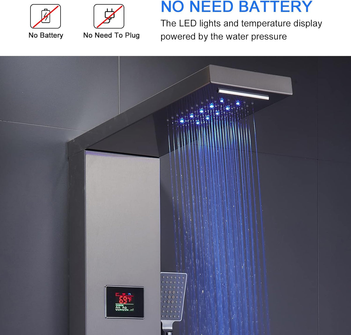 LED Shower Panel Tower System Black, MENATT 304 Stainless Steel 5-Function Shower Panel Rainfall Waterfall Shower Rain Massage System with Body Jets - PuriLite