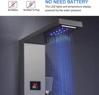 LED Shower Panel Tower System Black, MENATT 304 Stainless Steel 5-Function Shower Panel Rainfall Waterfall Shower Rain Massage System with Body Jets - PuriLite