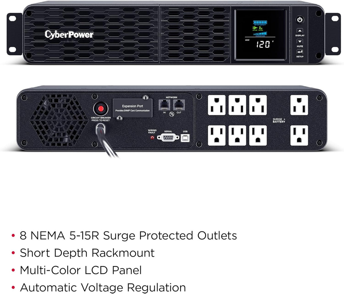 CyberPower CP1500PFCLCD PFC Sinewave UPS System, 1500VA/1000W, 12 Outlets, AVR, Mini Tower, Black - PuriLite
