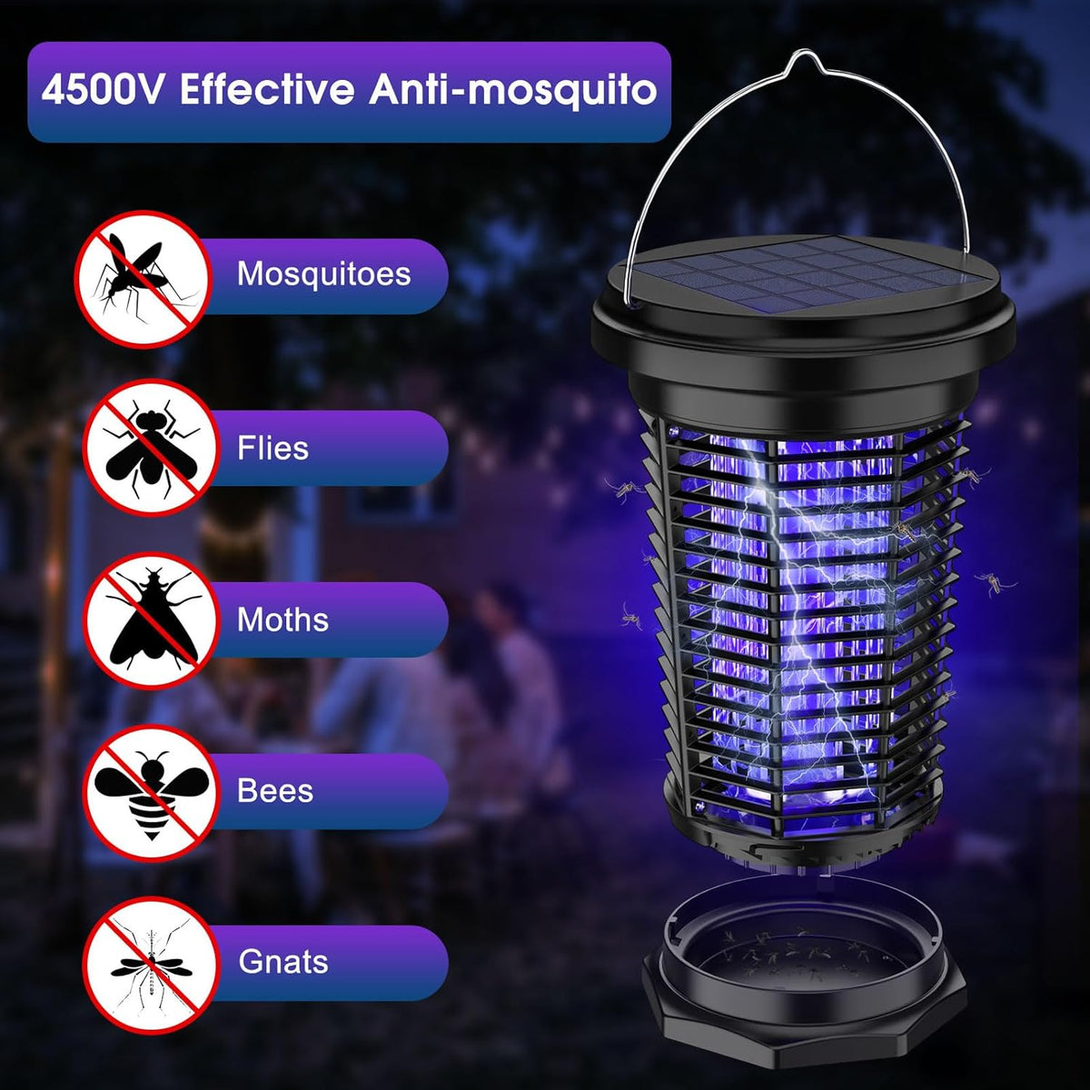 PALONE Solar Bug Zapper with 5.5W Solar Panel Charging, USB Charging Bug Zapper Light for Outdoor and Indoor - PuriLite