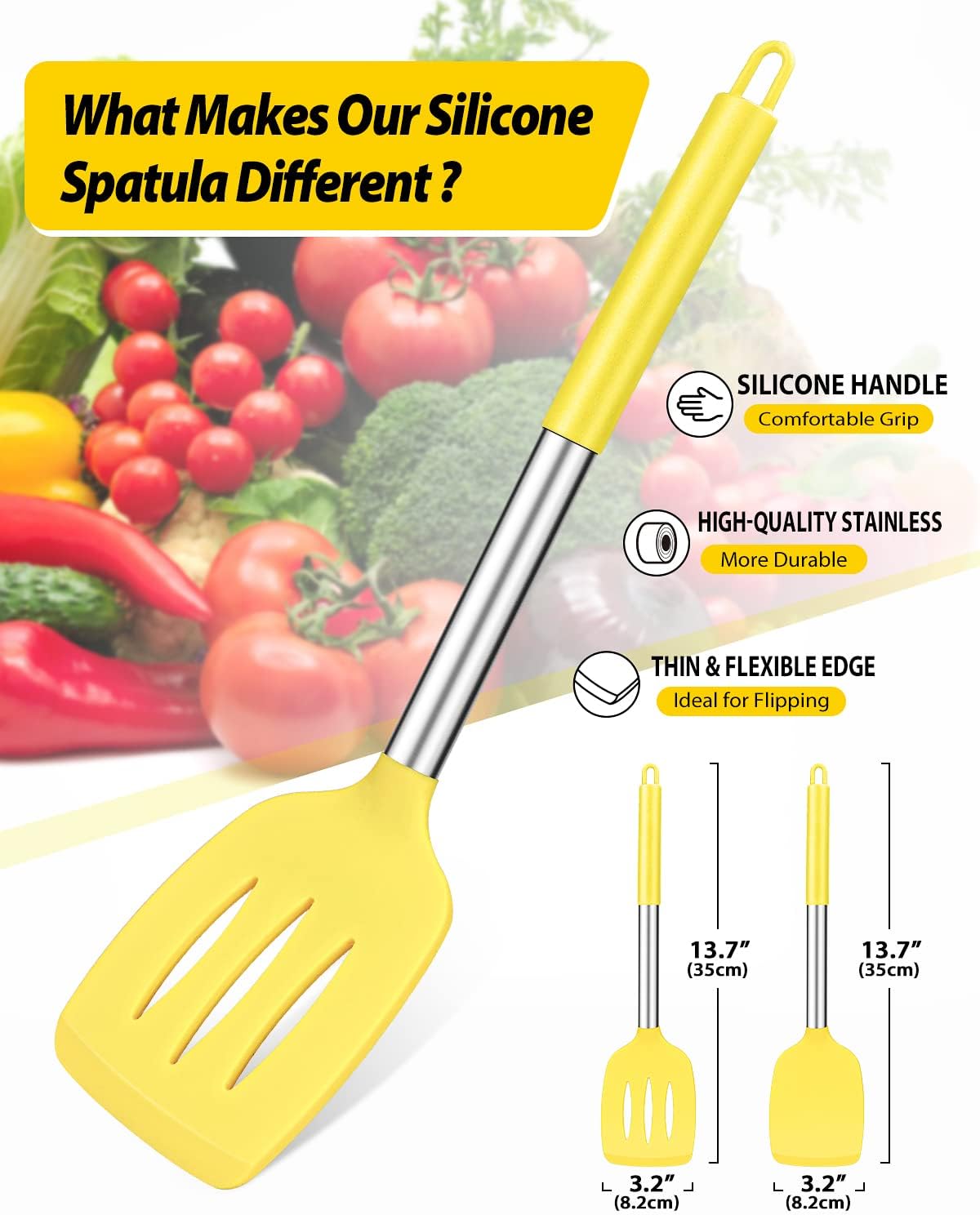 Pack of 2 Silicone Slotted Spatula,Non Stick Solid Kitchen Turner, High Heat Resistant BPA Free Cooking Utensils for Fish, Eggs, Pancakes（Black - PuriLite