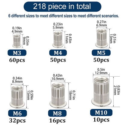 Vifmy Metric & SAE Rivet Nut Assortment Kit(420 Pcs),m3 m4 m5 m6 m8 m10 m12#6-32#8-32#10-24 1/4"-20 5/16"-18 3/8"-16 UNC Flat Head Rivnut Set,Zinc Plated Finish Carbon Steel Nutsert - PuriLite