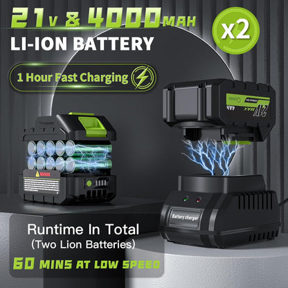 GREENER 21V Leaf Blower Cordless - 460CFM/145MPH Turbo Mode Electric Leaf Blower with 2 X 4.0Ah Battery and Fast Charger Included, Blowing Leaves and Dust, Patio Cleaning - PuriLite