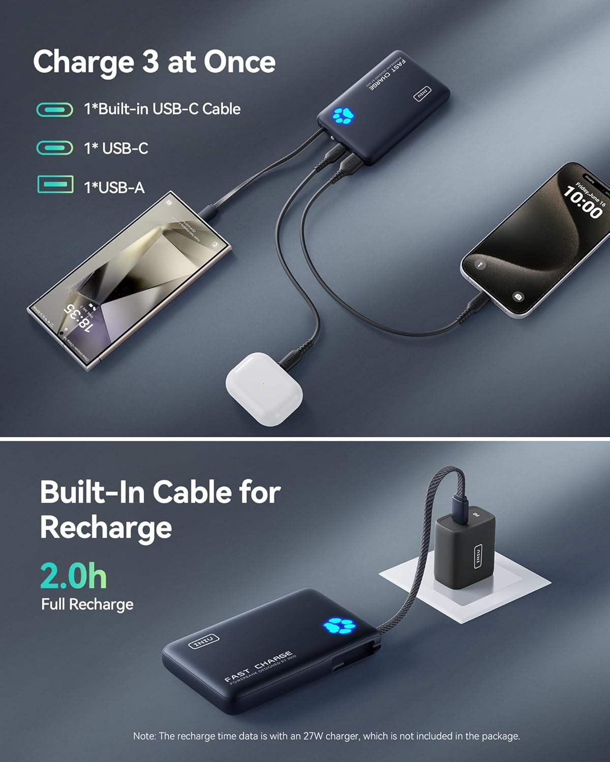 INIU Portable Charger, Mini 10000mAh Power Bank with Build in USB-C Cable, 20W Fast Charging Powerbank with Cords Wires, Cruise Ship Travel Essentials Battery Pack for College Student Traveler, Orange - PuriLite