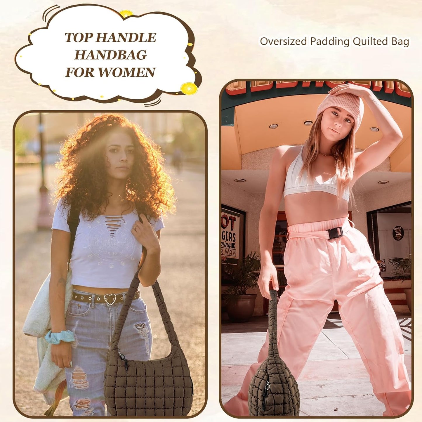 Quilted Puffer Tote Bag Large Crossbody Shoulder Bag with Zipper, Nylon Hobo Oversized Handbag - PuriLite