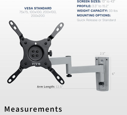 VIVO Quick Release RV TV Wall Mount for 33cm to 109cm Screens, Articulating Lockable Bracket Stand, Fits up to VESA 200x200, Black, Mount-TVQR1 - PuriLite