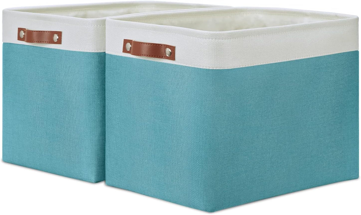 DULLEMELO Storage Baskets for Shelves, Fabric Collapsible Rectangular Storage Bins for Shelves, Closets, Nursery, Home, Office, Empty Gift Baskets (White&Teal) - PuriLite