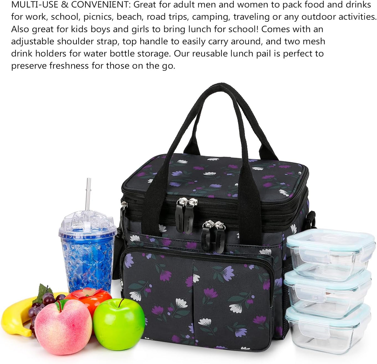 Lunch Bag Women Insulated Lunch Box for Work, Purple Expandable Large Lunch Bags, Leakproof Double Deck Lunch Box Cooler Bag（Purple） - PuriLite