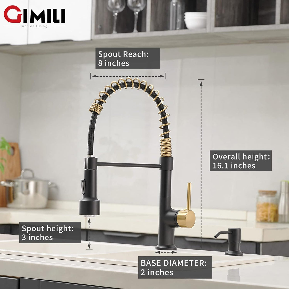 GIMILI Matte Black Kitchen Faucet with LED Light,Single Hole Spring Kitchen Sink Faucet with Pull Down Sprayer - PuriLite