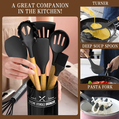 Umite Chef Kitchen Cooking Utensils Set, 33 pcs Non-Stick Silicone Cooking Kitchen Utensils Spatula Set with Holder, Wooden Handle Silicone Kitchen Gadgets Utensil Set (Khaki) - PuriLite