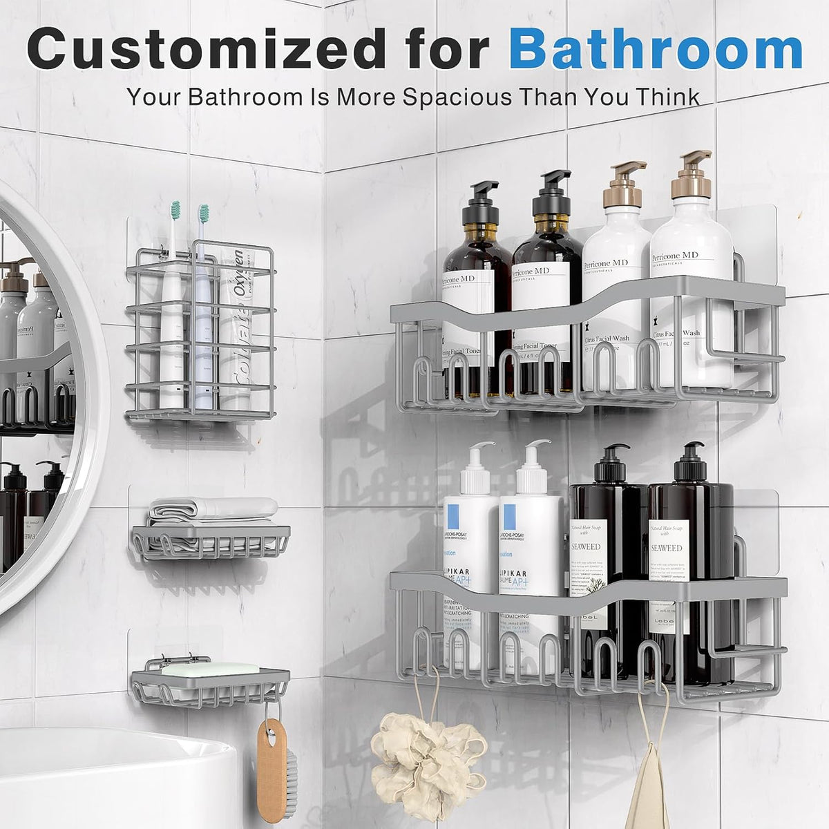EUDELE 5-Pack Rustproof Stainless Steel Shower Caddy – No Drill Adhesive Bathroom Organizer with Large Capacity, Spacious Shower Shelves for Inside Shower, Kitchen & Home Decor Storage - PuriLite