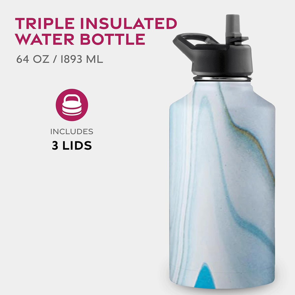 FineDine Water Bottle - Stainless Steel Insulated Water Bottle with Straw Lid, Flip Lid & Wide-Mouth Cap - Keeps Hot and Cold - 25 Oz / 739ml - Pure Pearly White - PuriLite