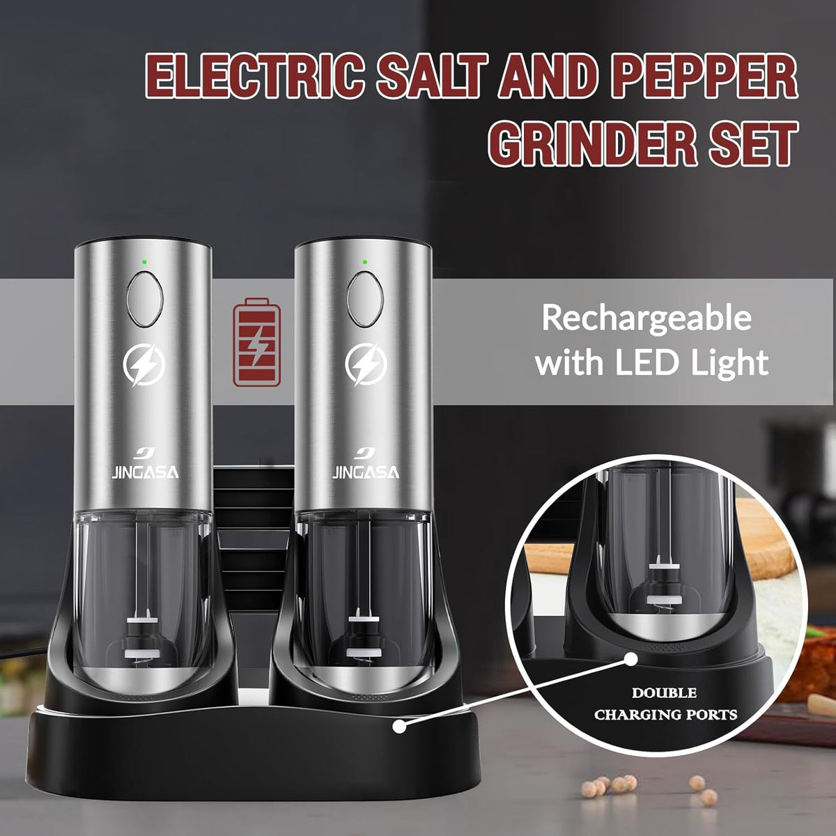 [Upgraded Larger Capacity] Electric Salt and Pepper Grinder Set with USB Charging Base, 95ml Large Capacity, Adjustable Coarseness,Stainless Steel Automatic Pepper Mill (Upgraded Capacity-A) - PuriLite