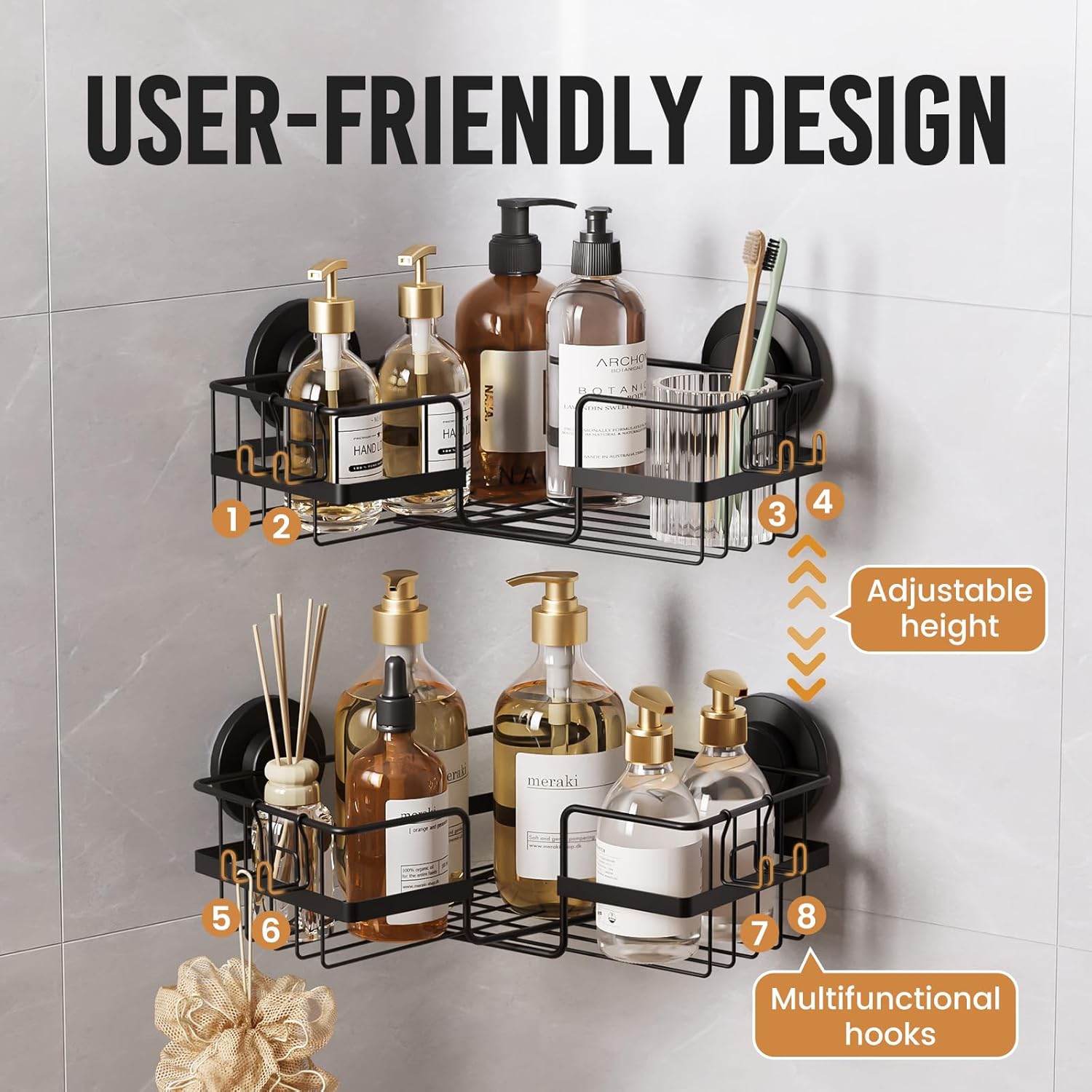 LEVERLOC Shower Caddy Suction Cup, 2 Pack Black Shower Shelf with Hooks and Soap Holder, NO-Drilling Bathroom Organizer, Rustproof Metal Bathroom Storage and Organization - PuriLite