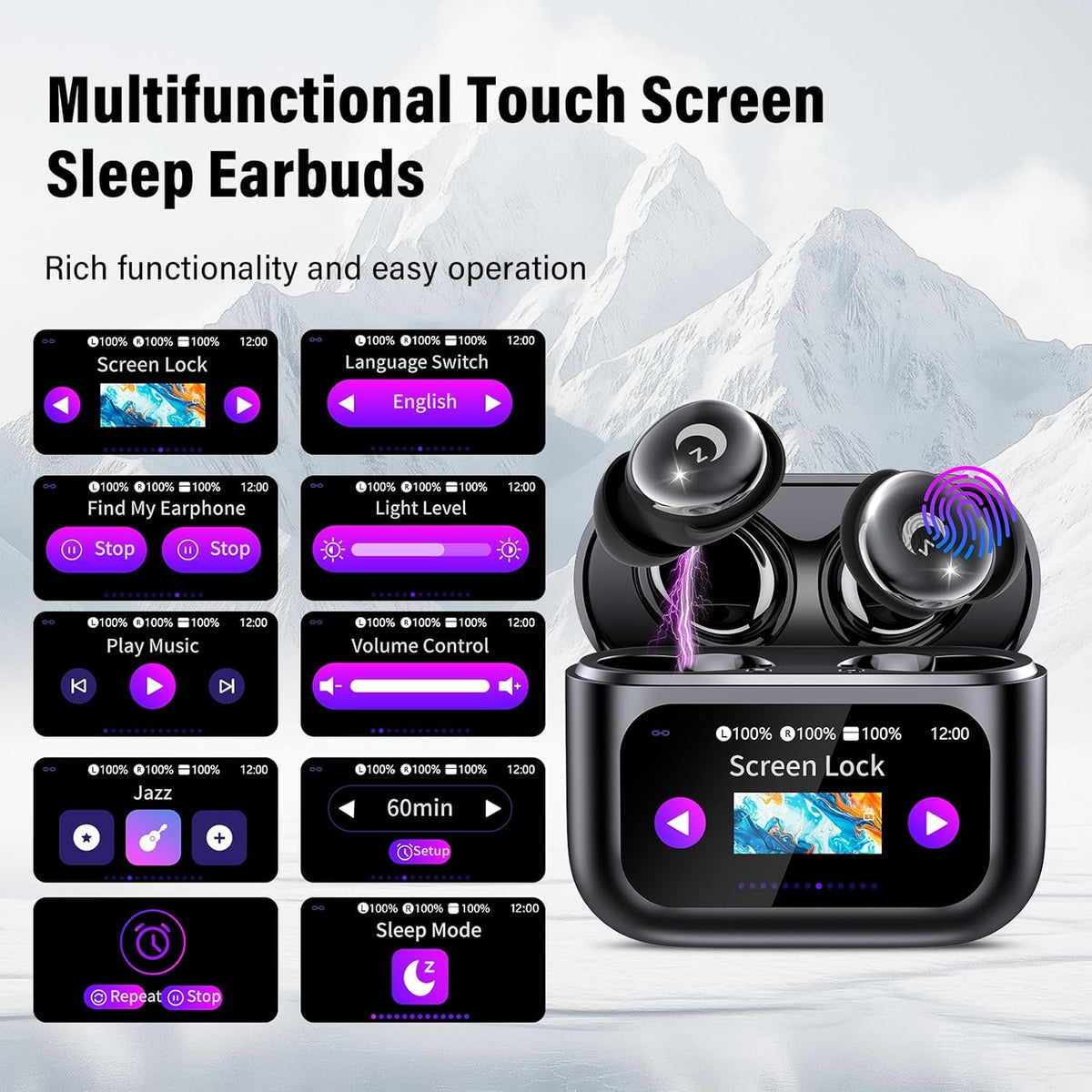 VEKJ Sleep Earbuds, Bluetooth 5.4 Mini Wireless Ear Euds with Multifunctional Touch Screen, 48H Bass Stereo Headphones with Sleep Mode/5 EQ Modes/ENC Noise Cancelling, IPX7 Earphones for iOS Android - PuriLite
