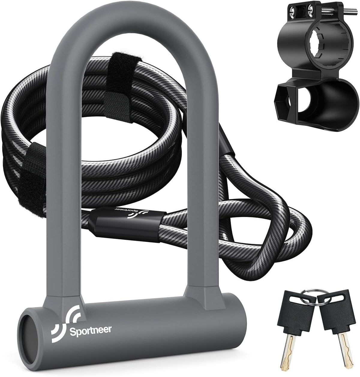 Sportneer Bike Lock: 17mm Heavy Duty Bike U Lock - High-Security Anti-Theft with 12mm x1.5m Steel Cable, 8''x5'' Compact Design, Includes Mounting Bracket for Mountain/Road/Folding/Electric Bikes - PuriLite