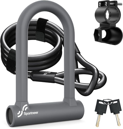 Sportneer Bike Lock: 17mm Heavy Duty Bike U Lock - High-Security Anti-Theft with 12mm x1.5m Steel Cable, 8''x5'' Compact Design, Includes Mounting Bracket for Mountain/Road/Folding/Electric Bikes - PuriLite
