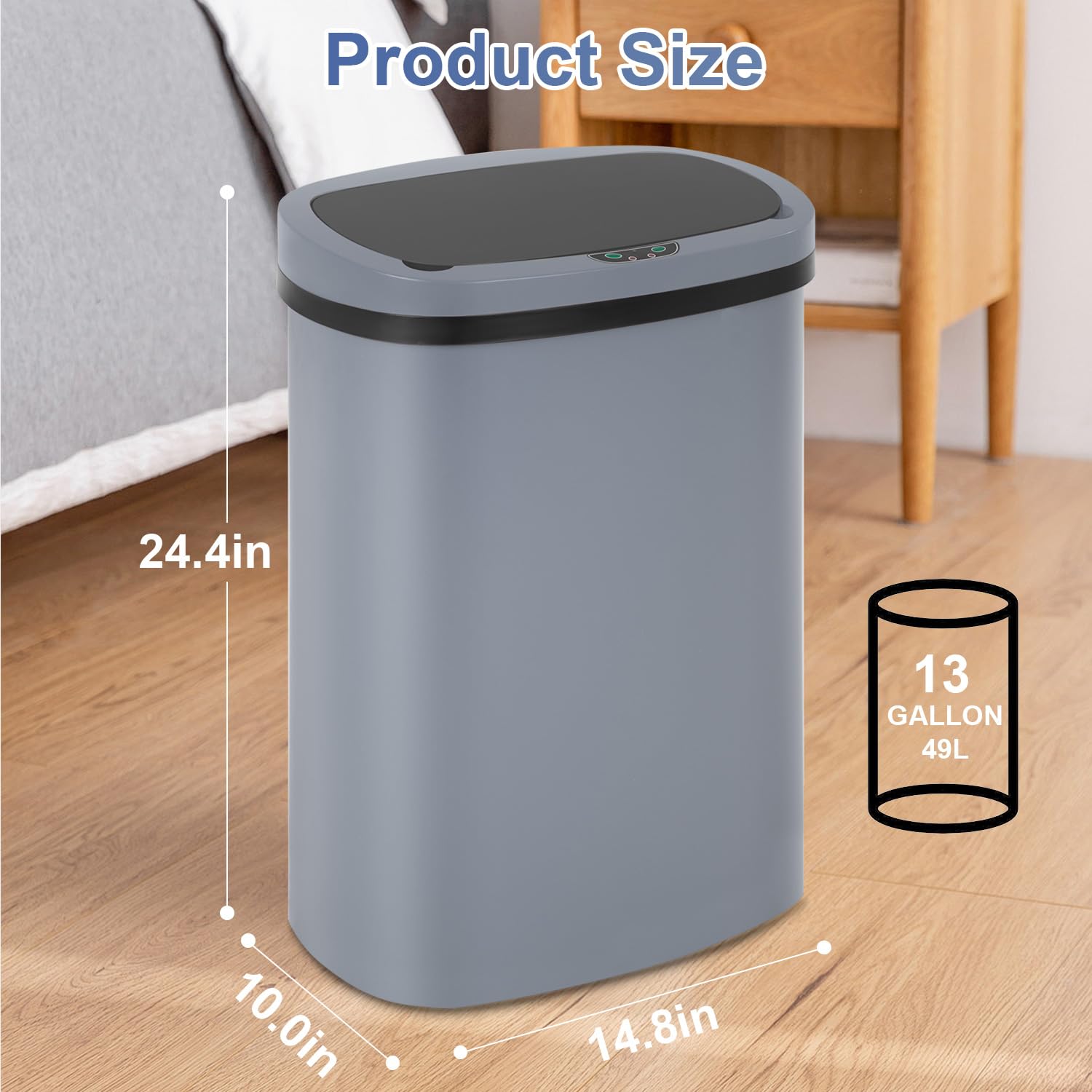 13 Gallon 50 Liter Garbage Can Kitchen Trash Can with Lid Automatic Sensor Touch Free Stainless Steel Waste Bin for Bathroom Bedroom Home Office,Black - PuriLite