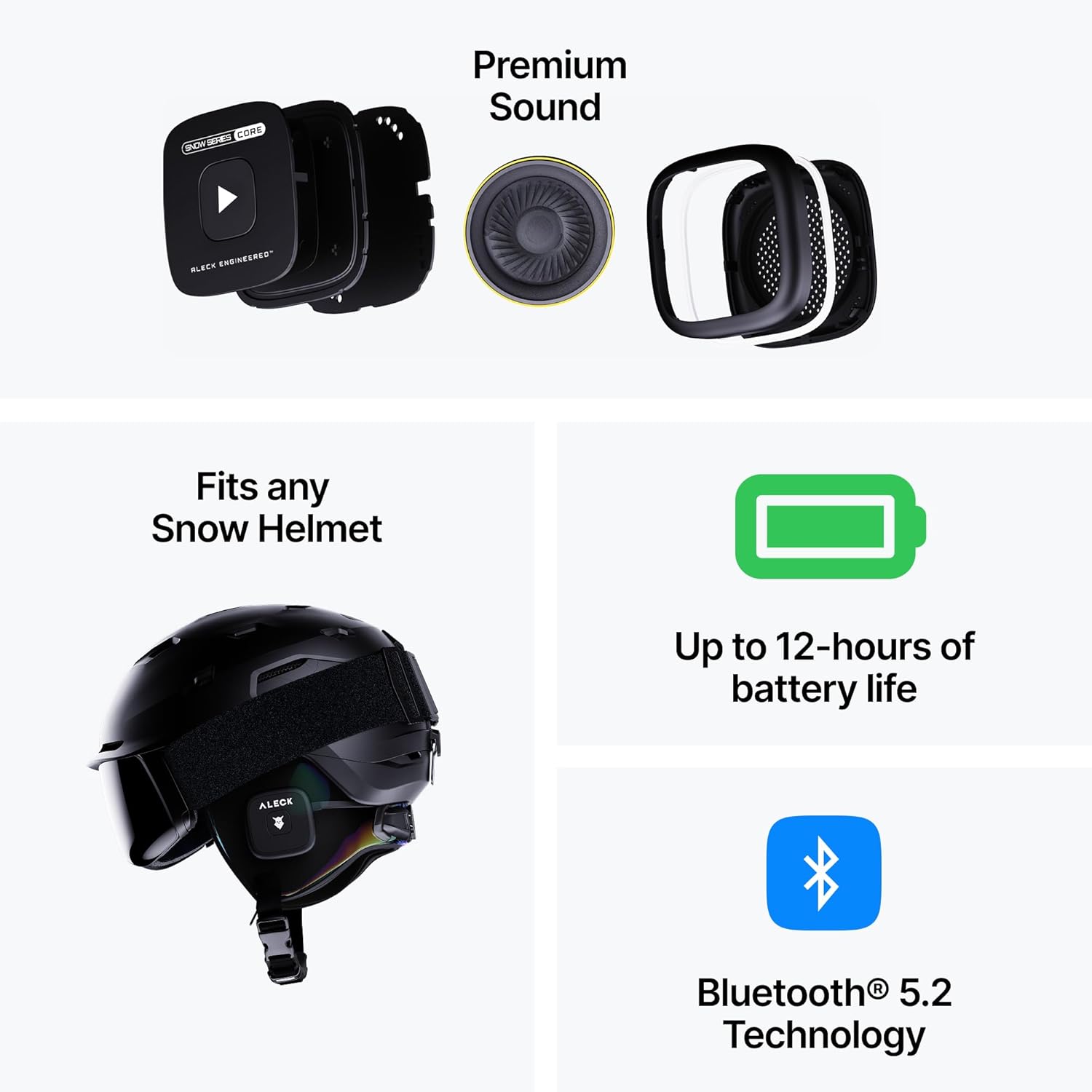 ALECK Snow Series Core Wireless Bluetooth Helmet Speakers – Drop-In On-Ear Headphones with Microphone, Audio-Ready Ski & Snowboard Helmet Compatible - PuriLite