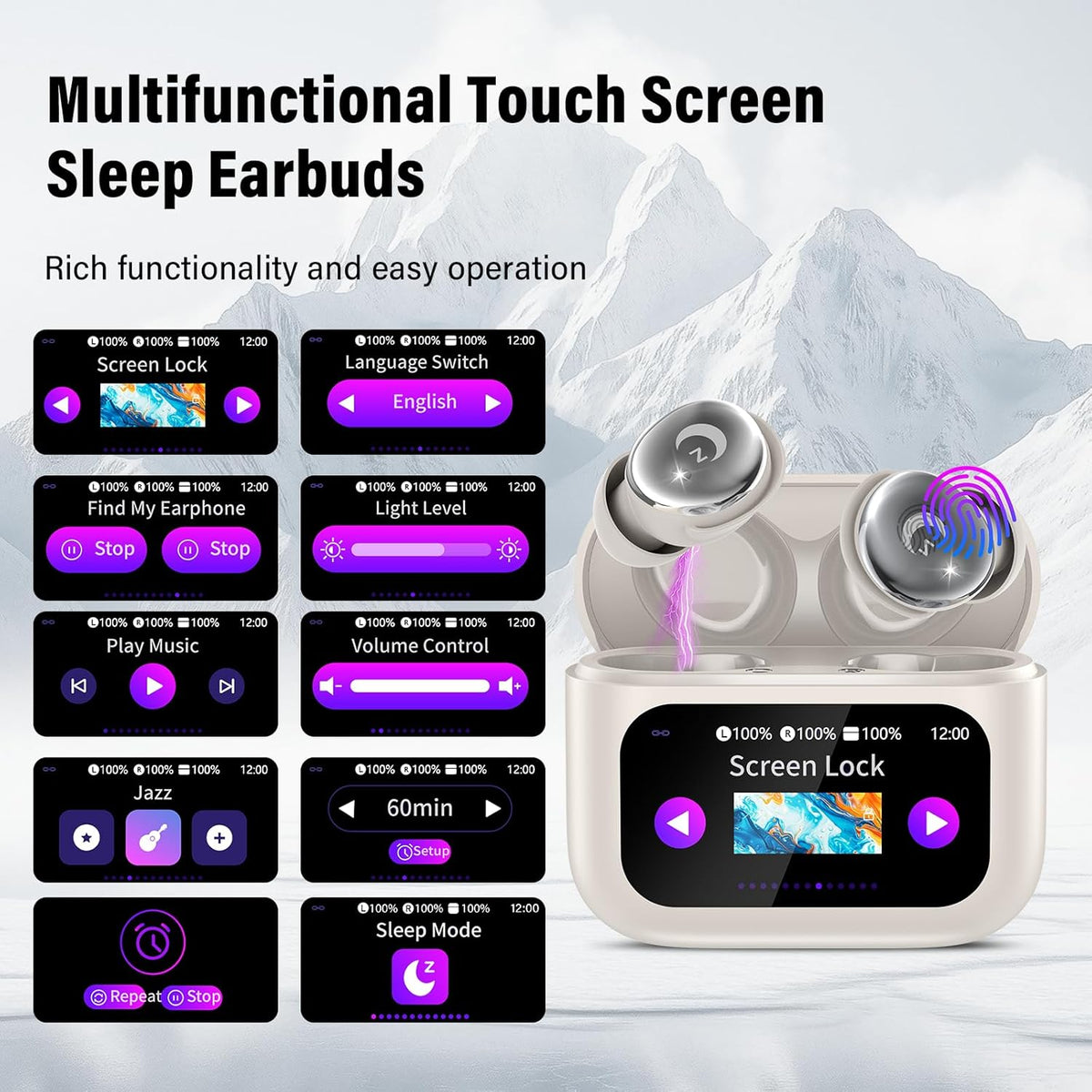 VEKJ Sleep Earbuds, Bluetooth 5.4 Mini Wireless Ear Euds with Multifunctional Touch Screen, 48H Bass Stereo Headphones with Sleep Mode/5 EQ Modes/ENC Noise Cancelling, IPX7 Earphones for iOS Android - PuriLite
